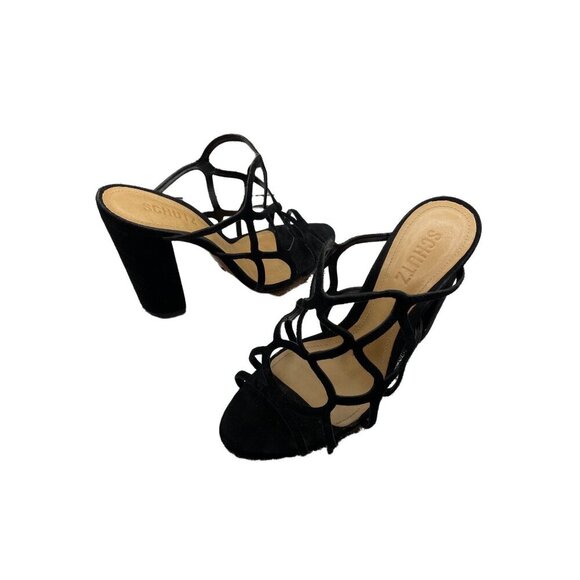 Schutz Black Caged Open Toe Block Heel Shoes Sz 8.5 - Picture 1 of 8